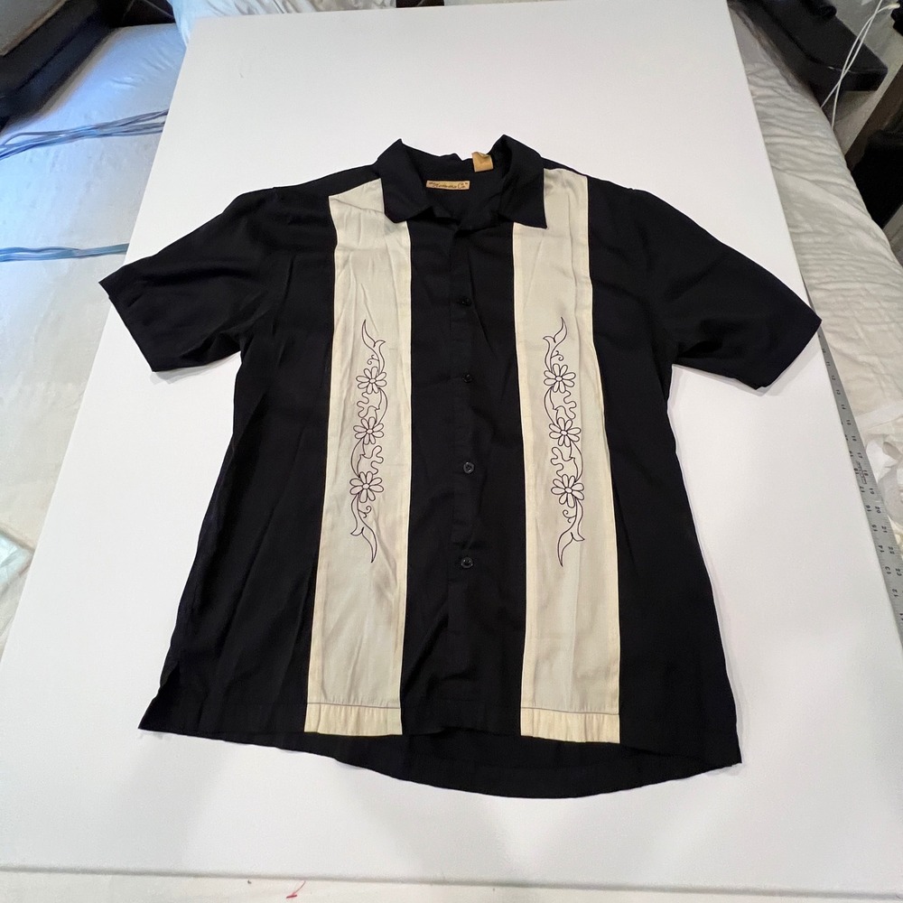 The Havanera Co Men's Large Black Cream Embroidered Bowling Shirt Rockabilly
